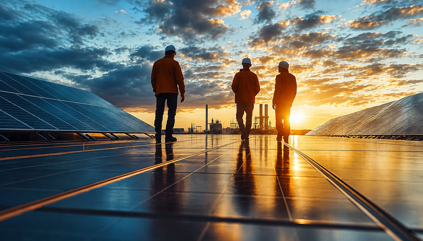 تیم تخصصی کومش سولار در کنار پنل‌های خورشیدی